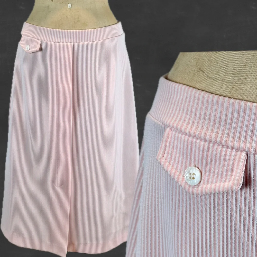 VINTAGE candy stripe pastel pink ticking midi skirt textured button pocket‎ 70s